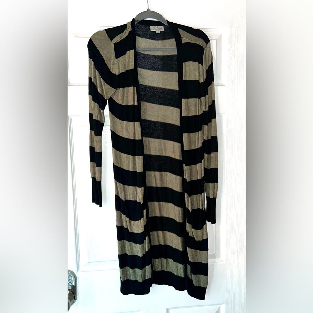 Long Open-Front Striped Cardigan Sweater - Black and Olive-gray family